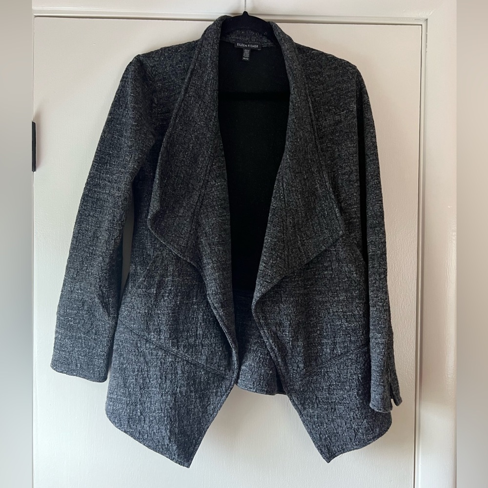 Eileen Fisher Crinkle Open Shawl Collar High Low Hem Cardigan Black Gray XS